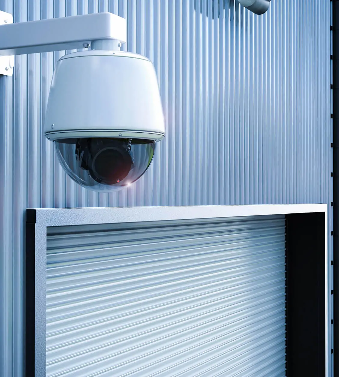 Outdoor dome security camera installed on a commercial building for 24/7 surveillance and property protection.
