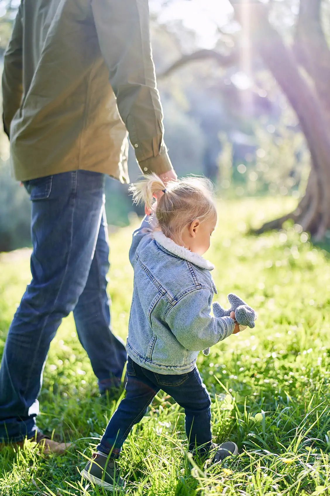 Parent holding hands with a toddler carrying a stuffed toy while walking outdoors on a sunny day in a grassy park.
